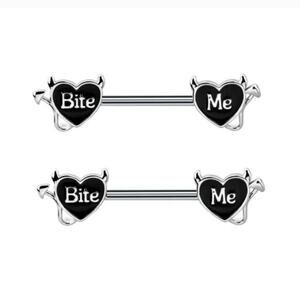 Bite Me naughty barbell nipple rings pair 14g stainless steel black silver heart
